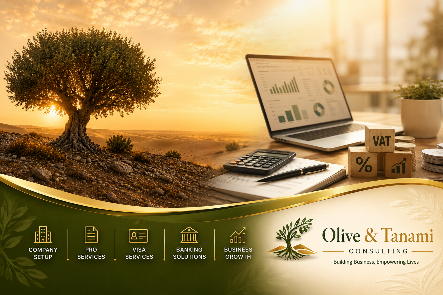 VAT Registration UAE guide showing business tax compliance, VAT registration process, financial planning, and corporate setup services in the UAE.