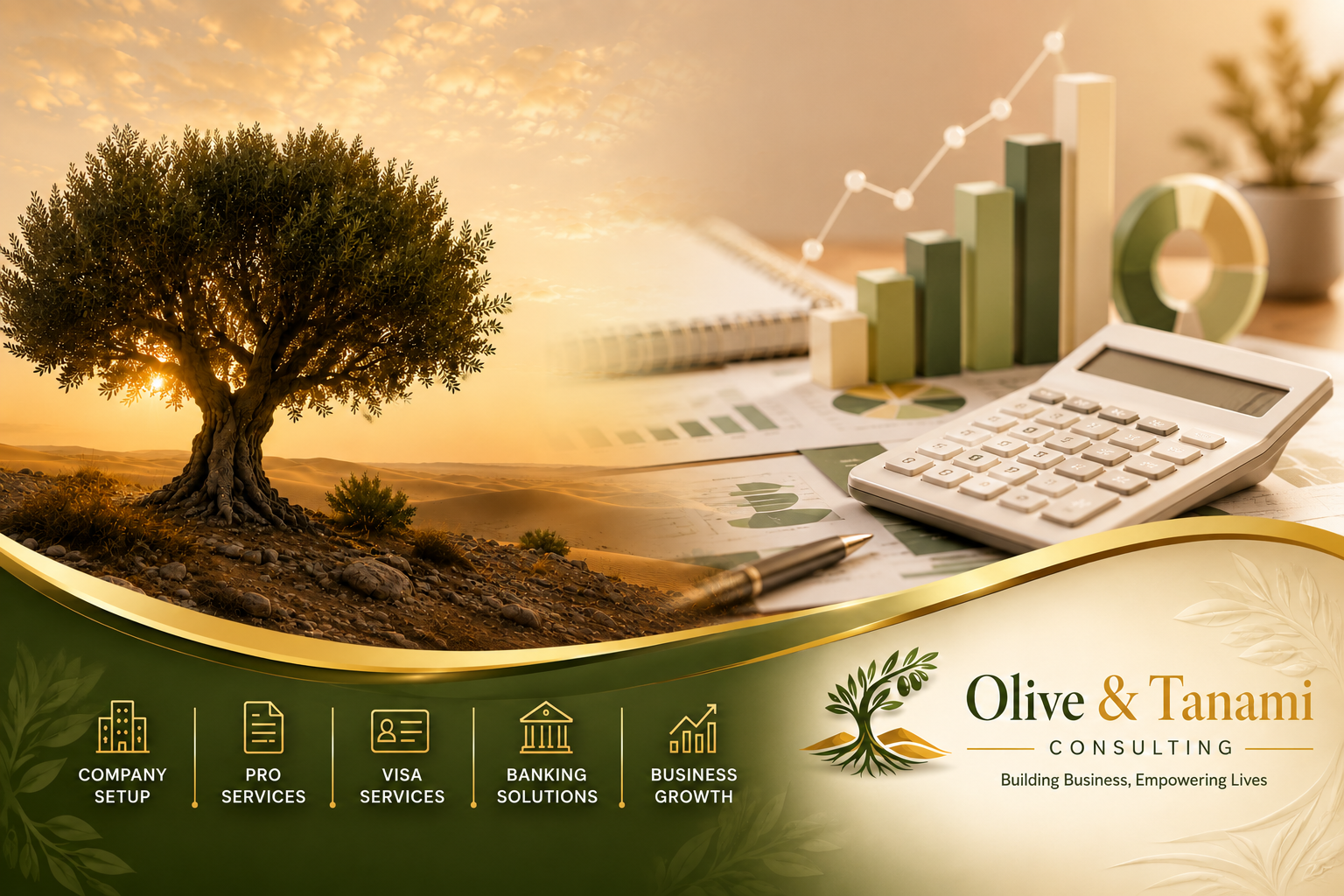 Modern bookkeeping services UAE concept featuring financial reports, calculator, business growth charts, and an olive tree symbolizing stability and financial success.