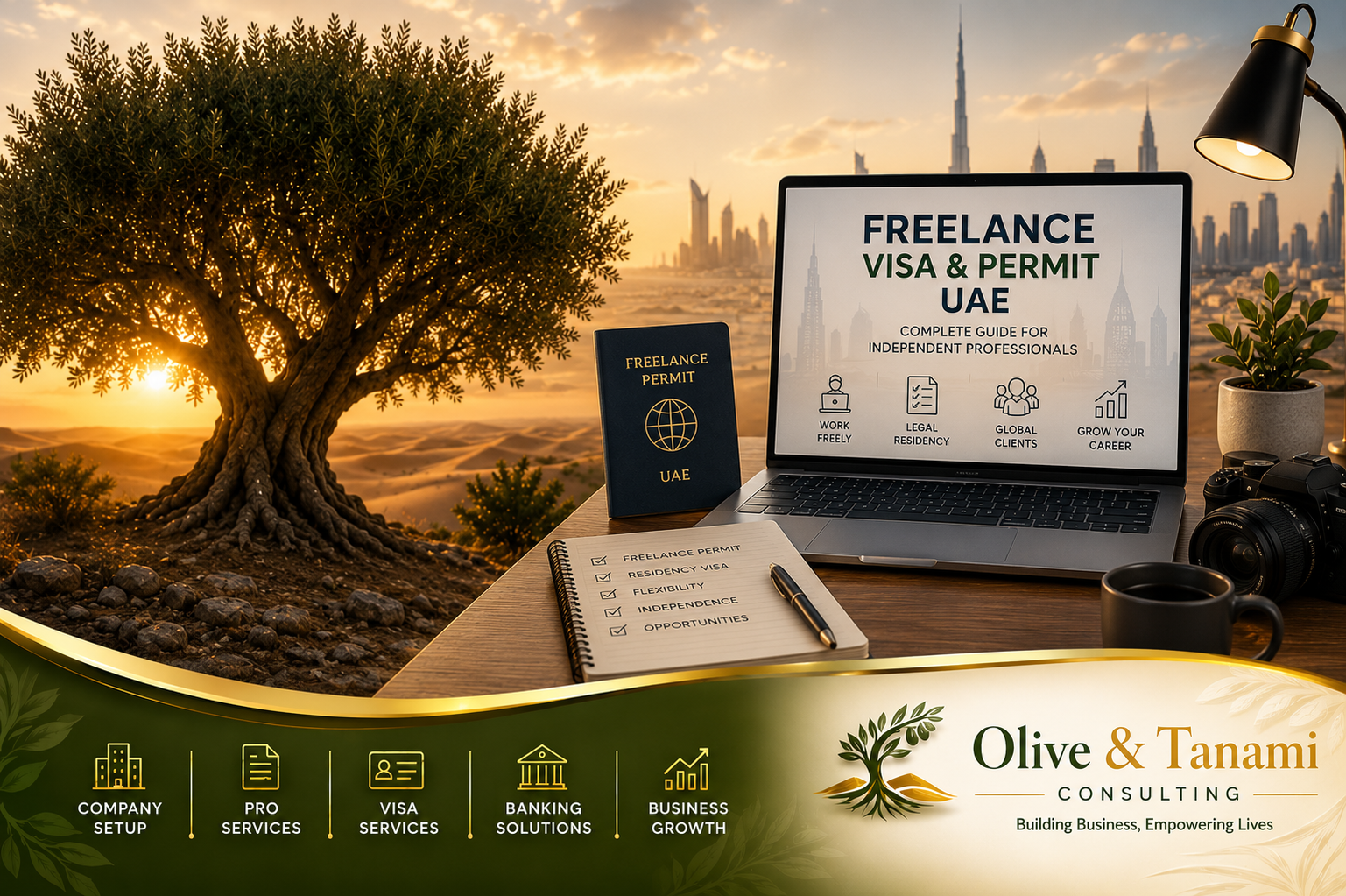 Freelance Visa UAE illustration featuring a freelance permit, passport, laptop workspace, and Dubai skyline for independent professionals.