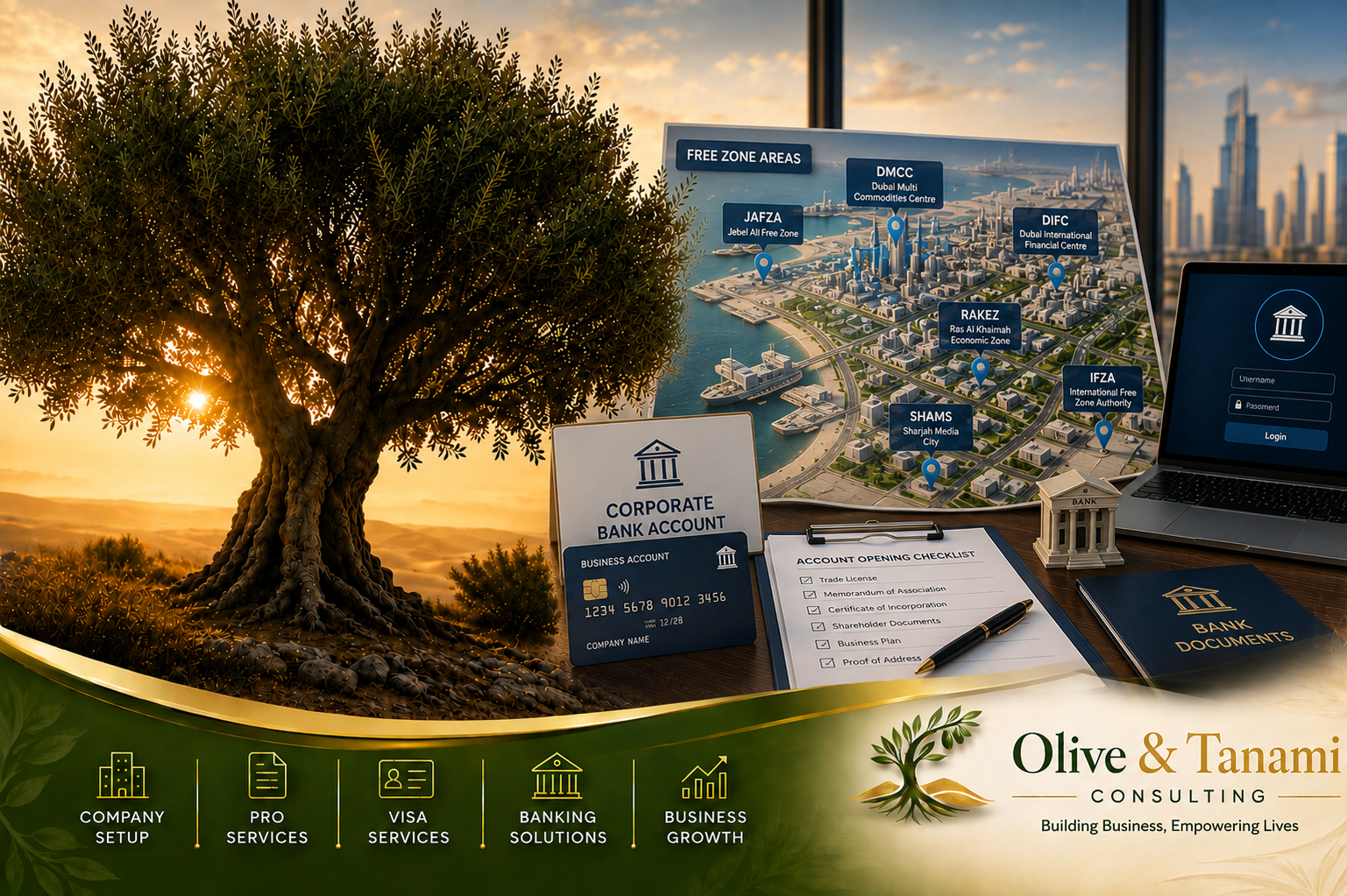 Corporate bank account in UAE for freezone companies featuring a UAE free zone map, banking documents, corporate account checklist, and Olive & Tanami branding.