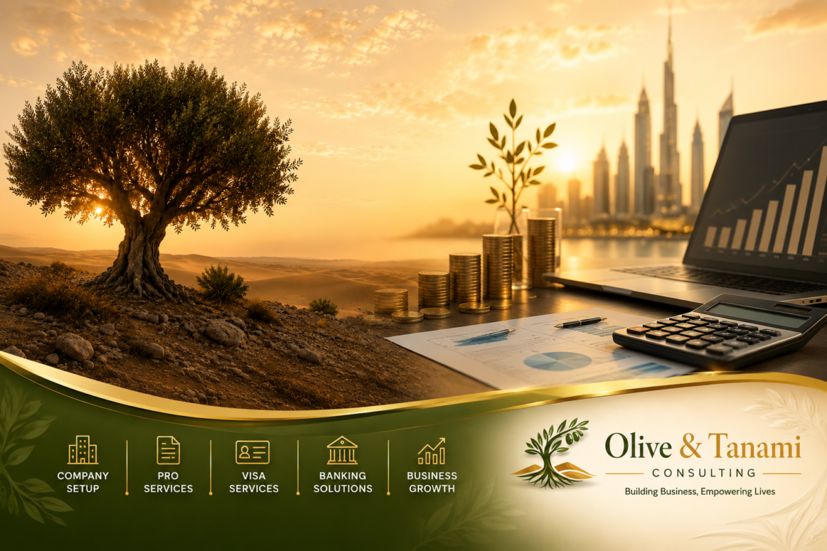 Olive tree in a desert landscape alongside financial reports, calculator, laptop, and growing stacks of coins representing accounting services and business growth in Dubai.