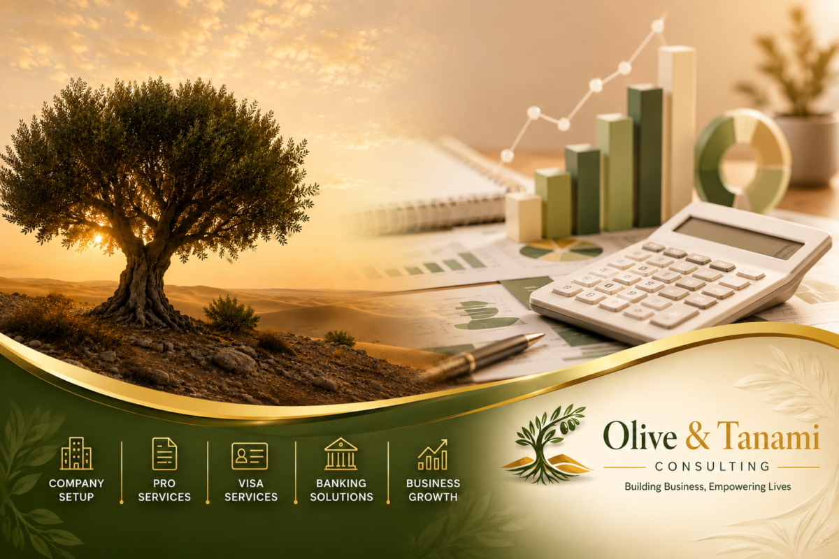 Modern bookkeeping services UAE concept featuring financial reports, calculator, business growth charts, and an olive tree symbolizing stability and financial success.