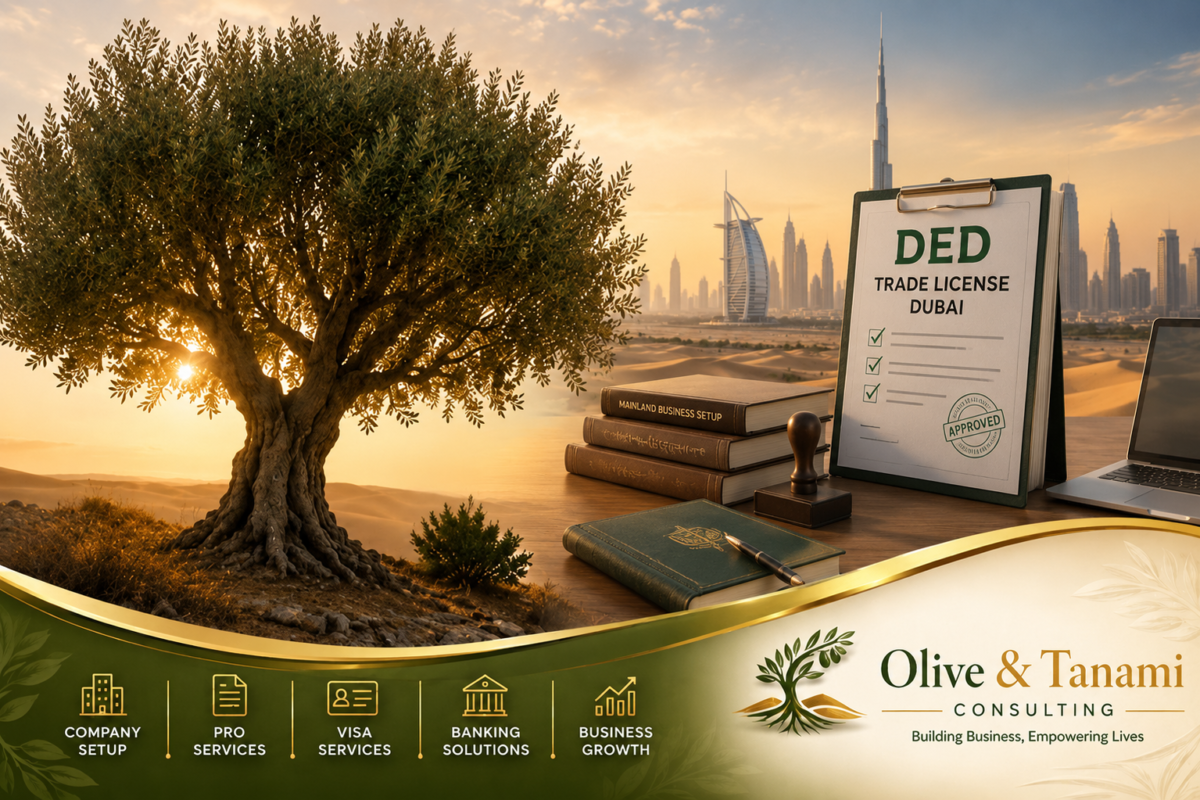 DED Trade License Dubai concept with mainland business licence documents, Dubai skyline, olive tree, and corporate business setup workspace